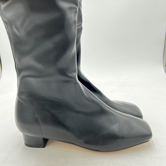 Black Women Stylish Square Toe Block Low Heel Side Zipper Knee High Riding Boots - Picture 3 of 6